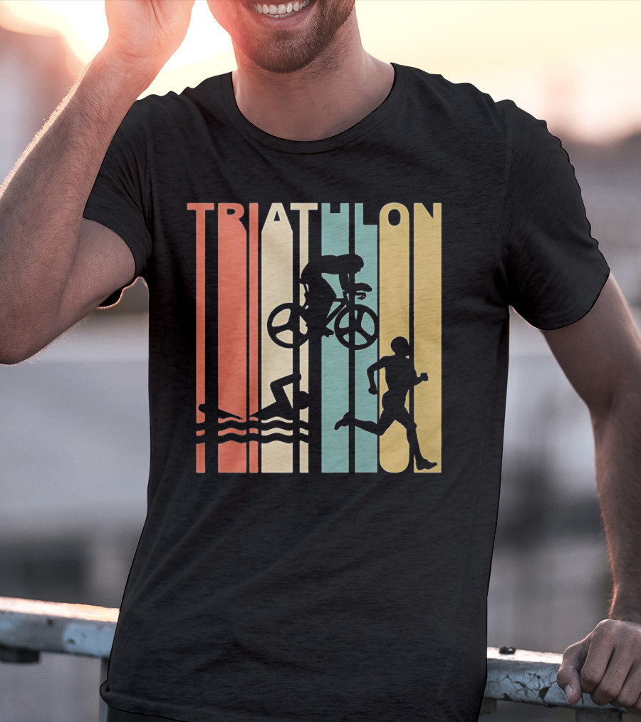 Vintage Triathlon Swimming Cycling Running Silhouettes Retro Stripes T-Shirt