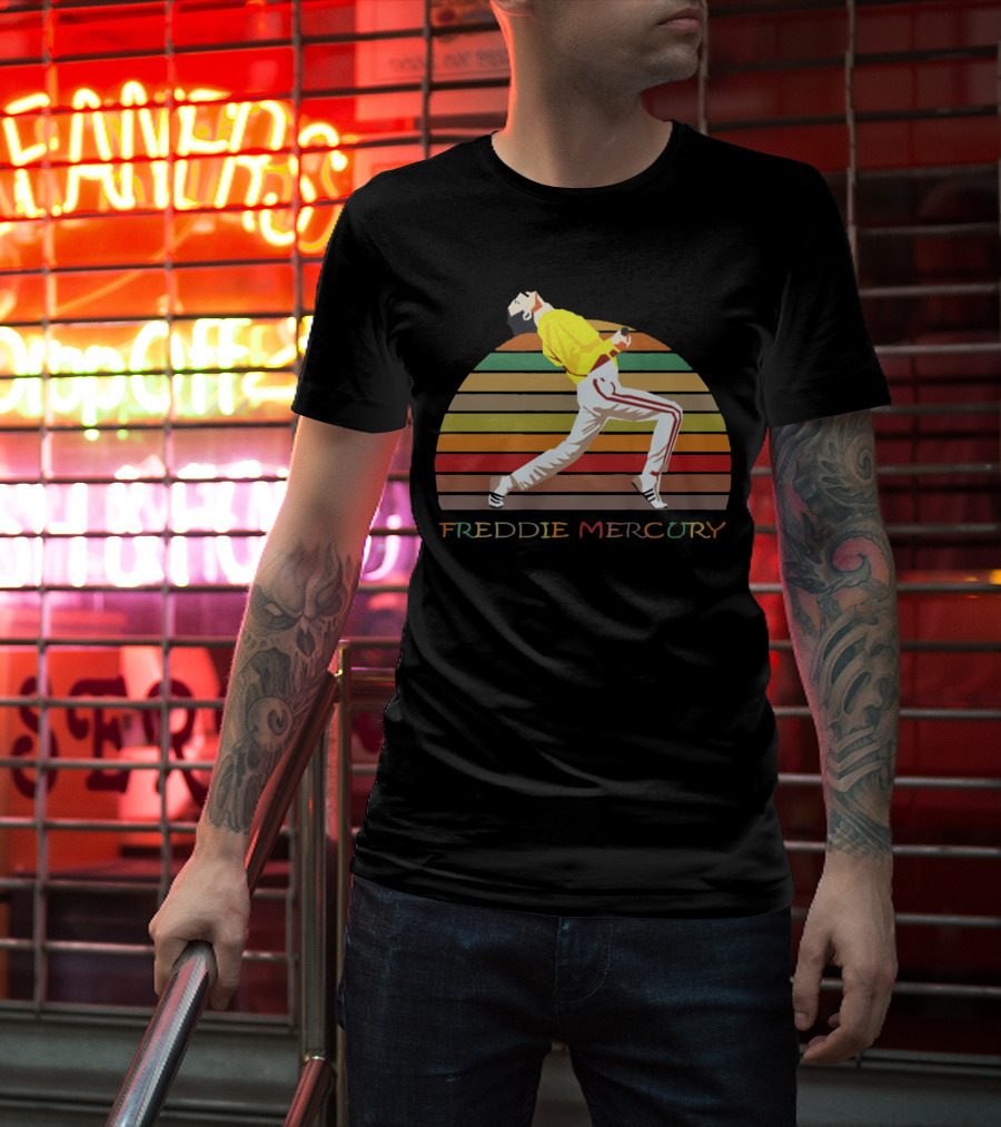 Freddie Mercury Vintage Style Retro Rainbow Stripes T-Shirt
