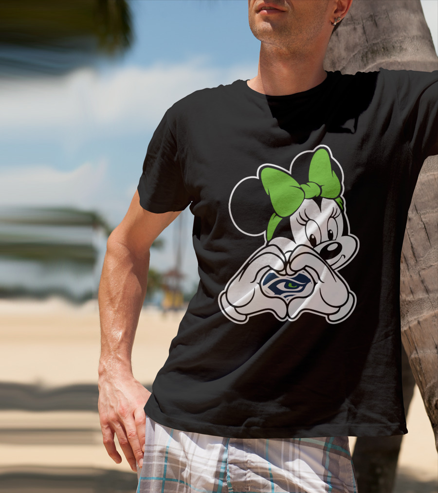 Seattle Seahawks Minnie Mouse Heart Hands Green Bow T-Shirt