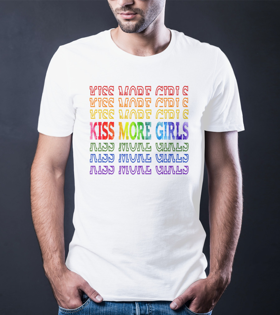 Kiss More Girls Rainbow Pride Repeated Text T-Shirt