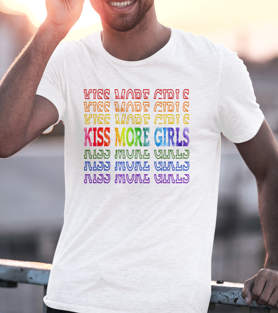 Kiss More Girls Rainbow Pride Repeated Text T-Shirt