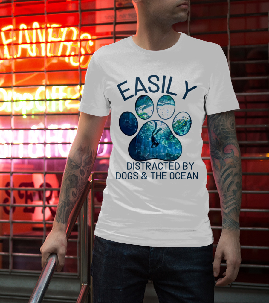 Easily Distracted By Dogs And The Ocean With Aquarium Pawprint T-Shirt