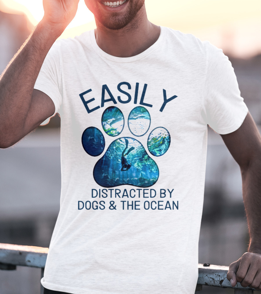 Easily Distracted By Dogs And The Ocean With Aquarium Pawprint T-Shirt