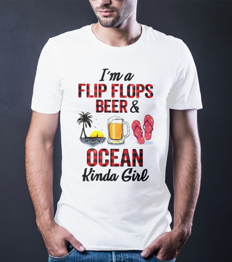 I'm A Flip Flops Beer Ocean Kinda Girl Palm Tree Sunset Red T-Shirt