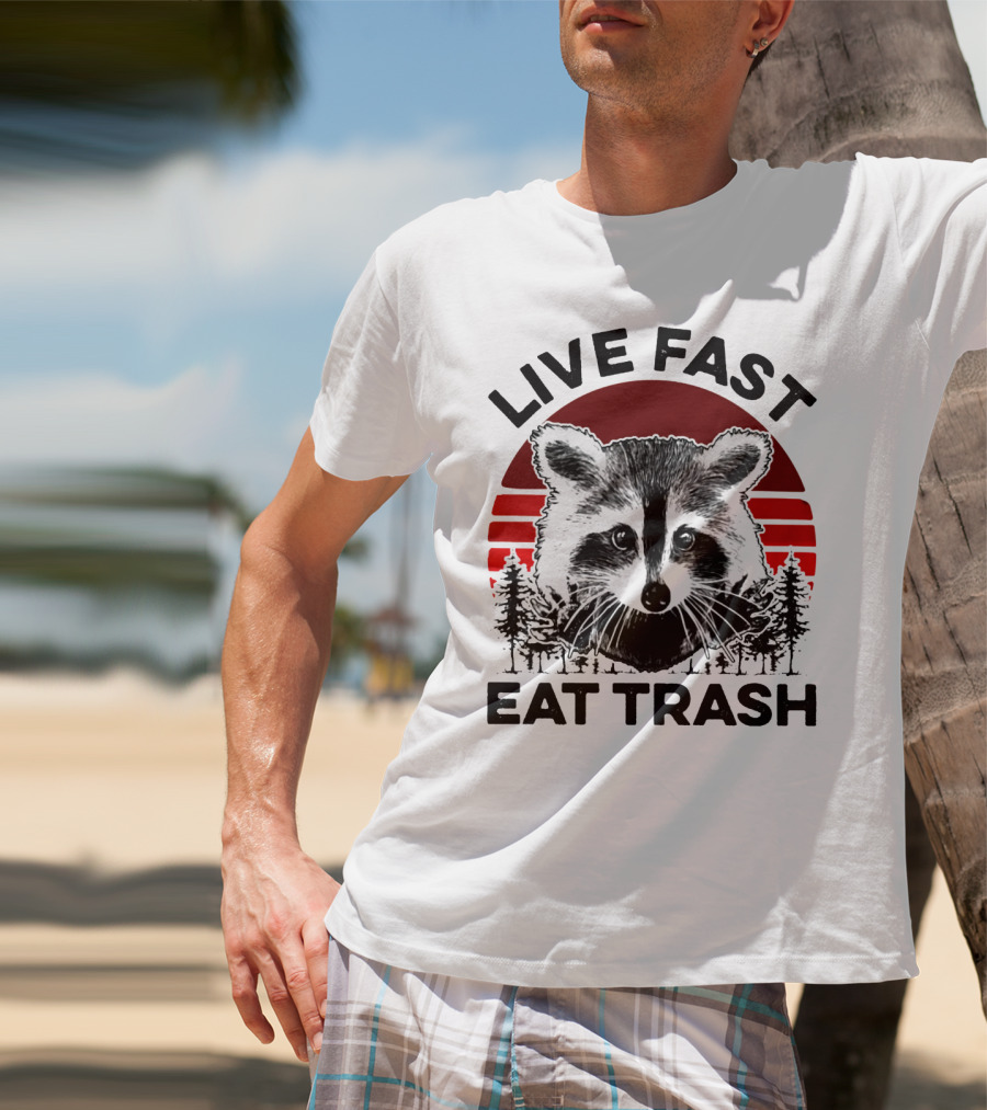 Live Fast Eat Trash Raccoon Forest Sunset T-Shirt