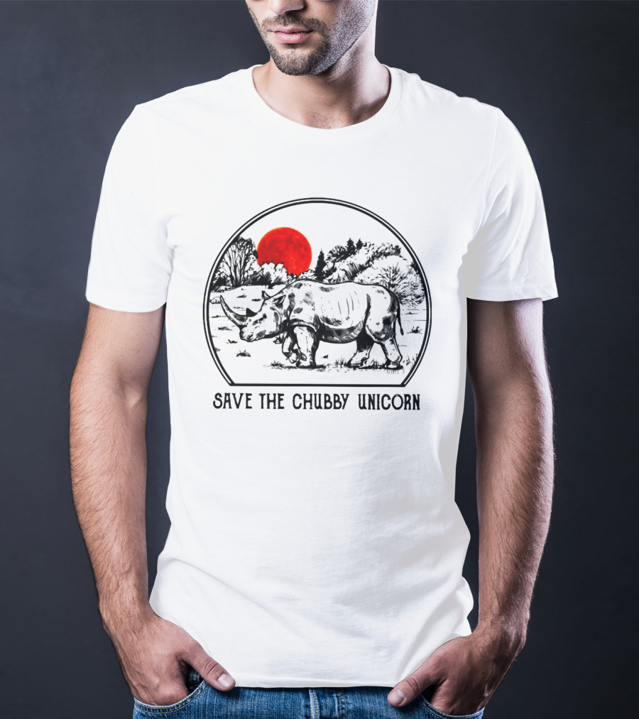 Save The Chubby Unicorn Rhino Illustration With Red Sun And Landscape T-Shirt