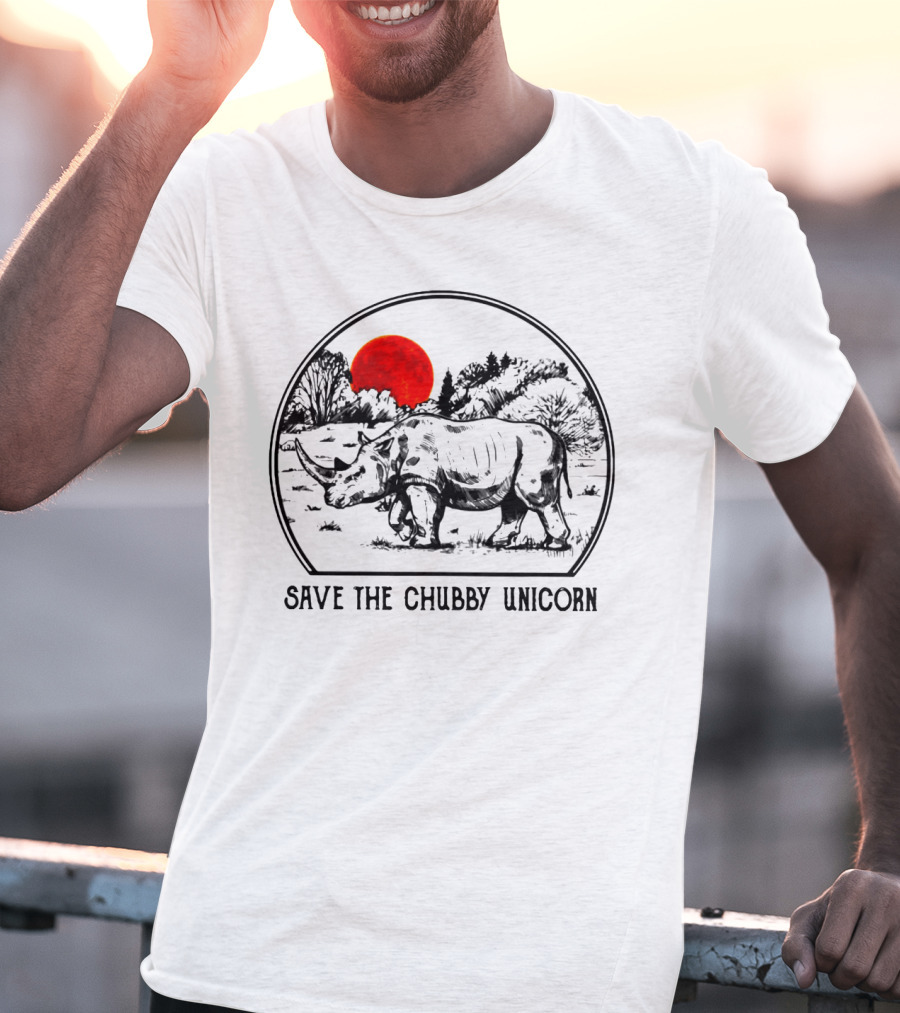Save The Chubby Unicorn Rhino Illustration With Red Sun And Landscape T-Shirt