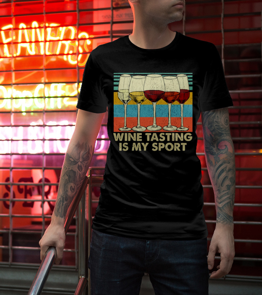 Wine Tasting Is My Sport Retro Wine Glasses On Colorful Stripes T-Shirt