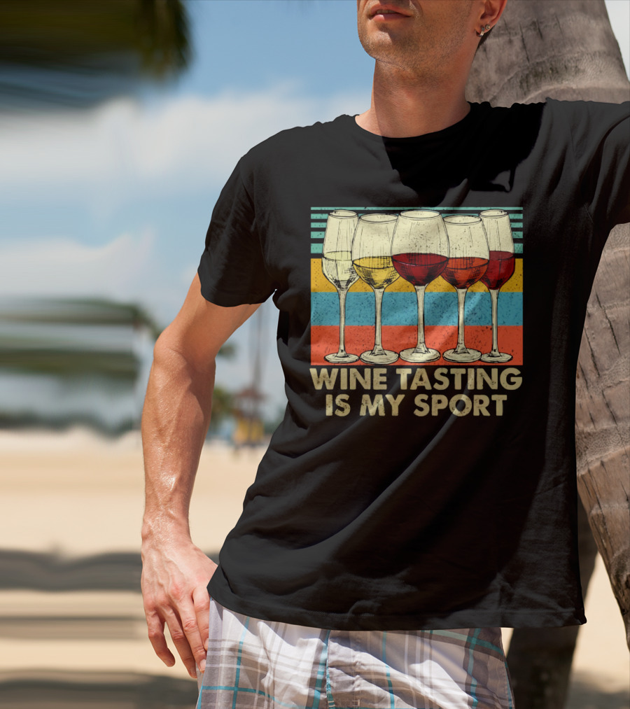 Wine Tasting Is My Sport Retro Wine Glasses On Colorful Stripes T-Shirt