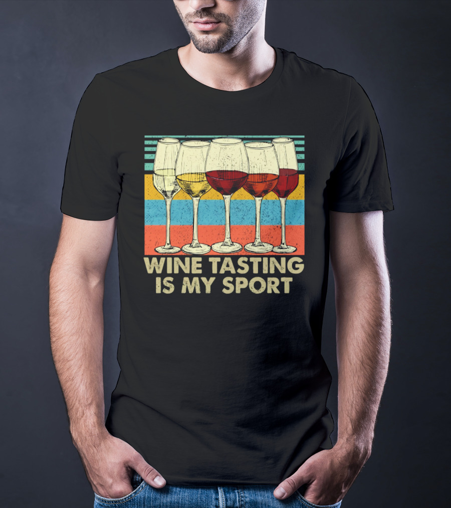 Wine Tasting Is My Sport Retro Wine Glasses On Colorful Stripes T-Shirt