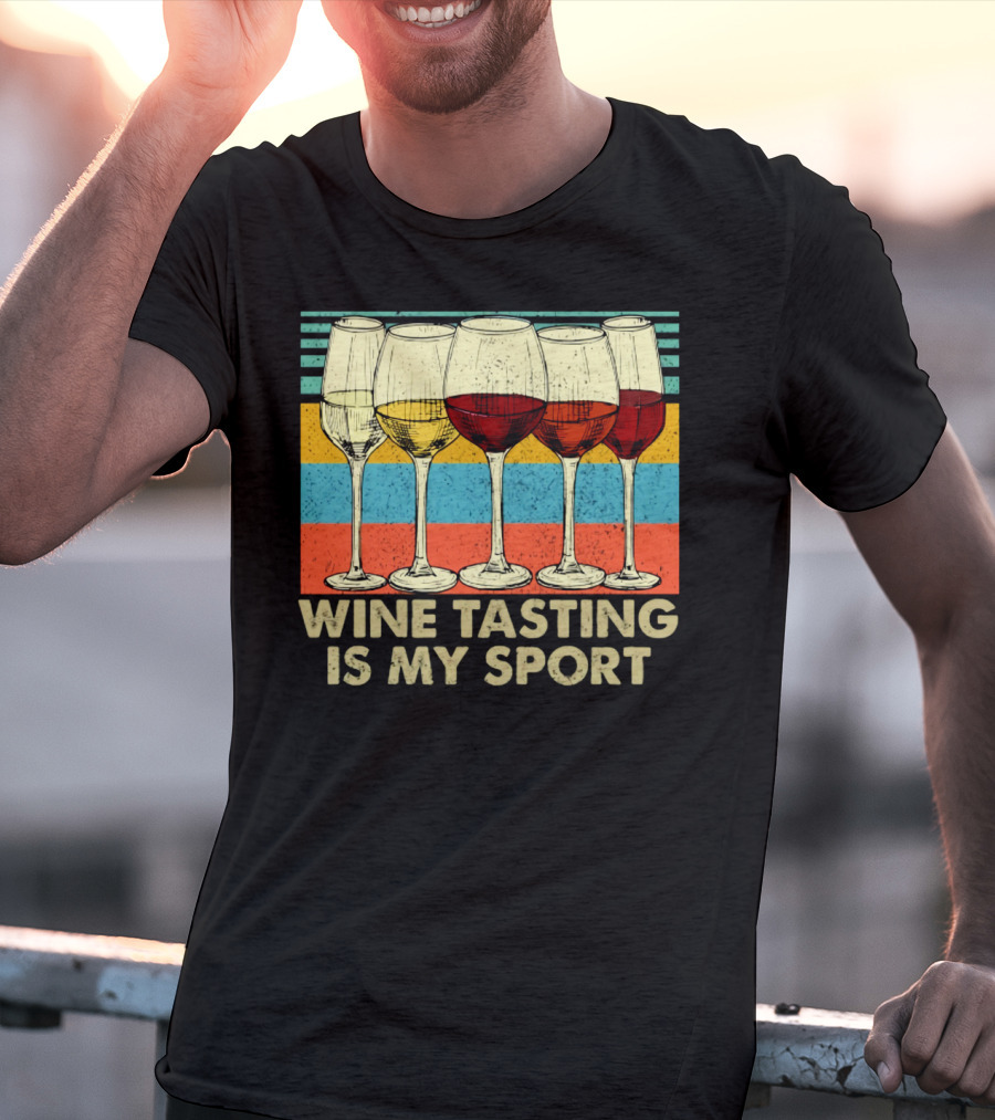 Wine Tasting Is My Sport Retro Wine Glasses On Colorful Stripes T-Shirt