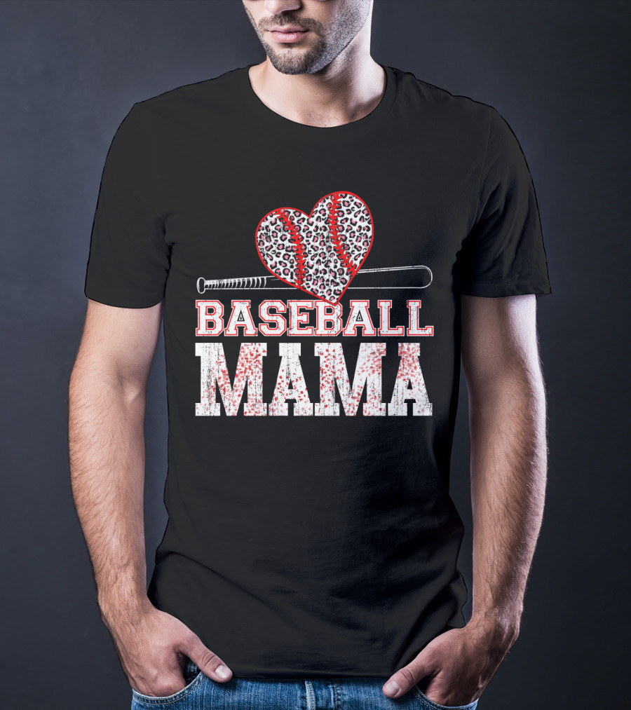 Baseball Mama Leopard Heart Bat T-Shirt