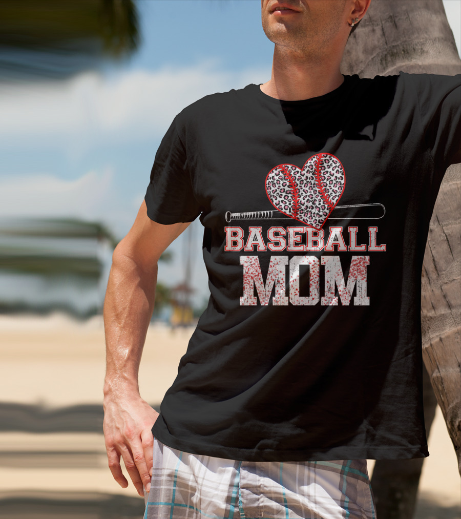 Baseball Mom Heart Leopard Print T-Shirt