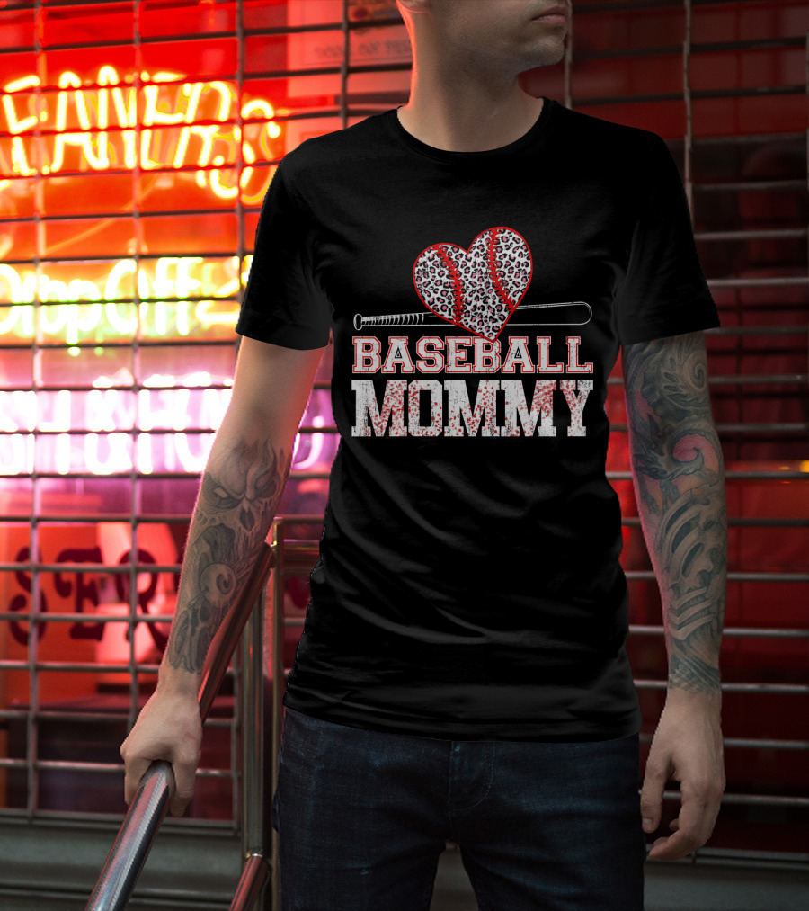 Baseball Mommy Leopard Heart With Bat T-Shirt