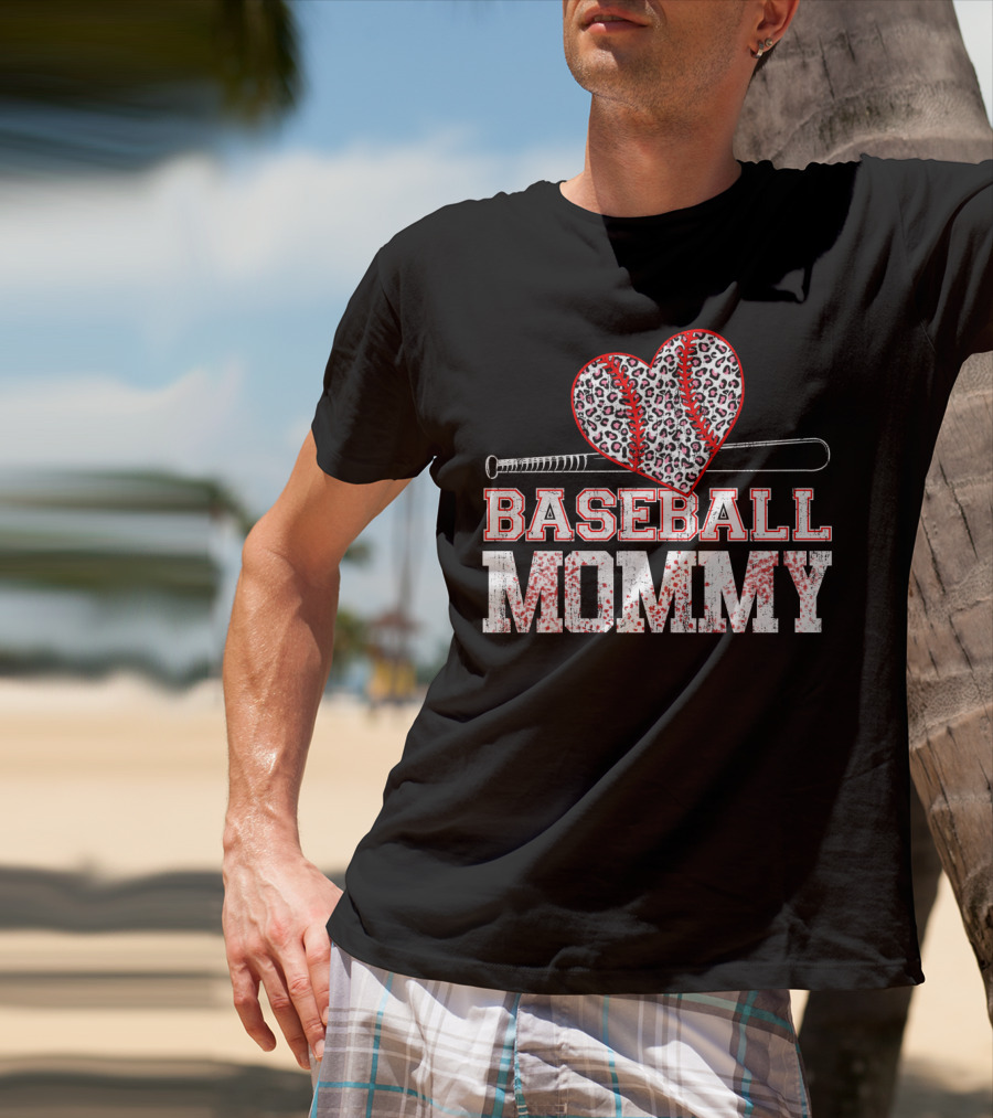 Baseball Mommy Leopard Heart With Bat T-Shirt