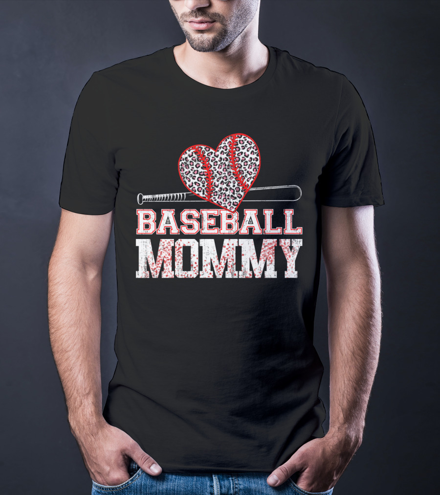Baseball Mommy Leopard Heart With Bat T-Shirt