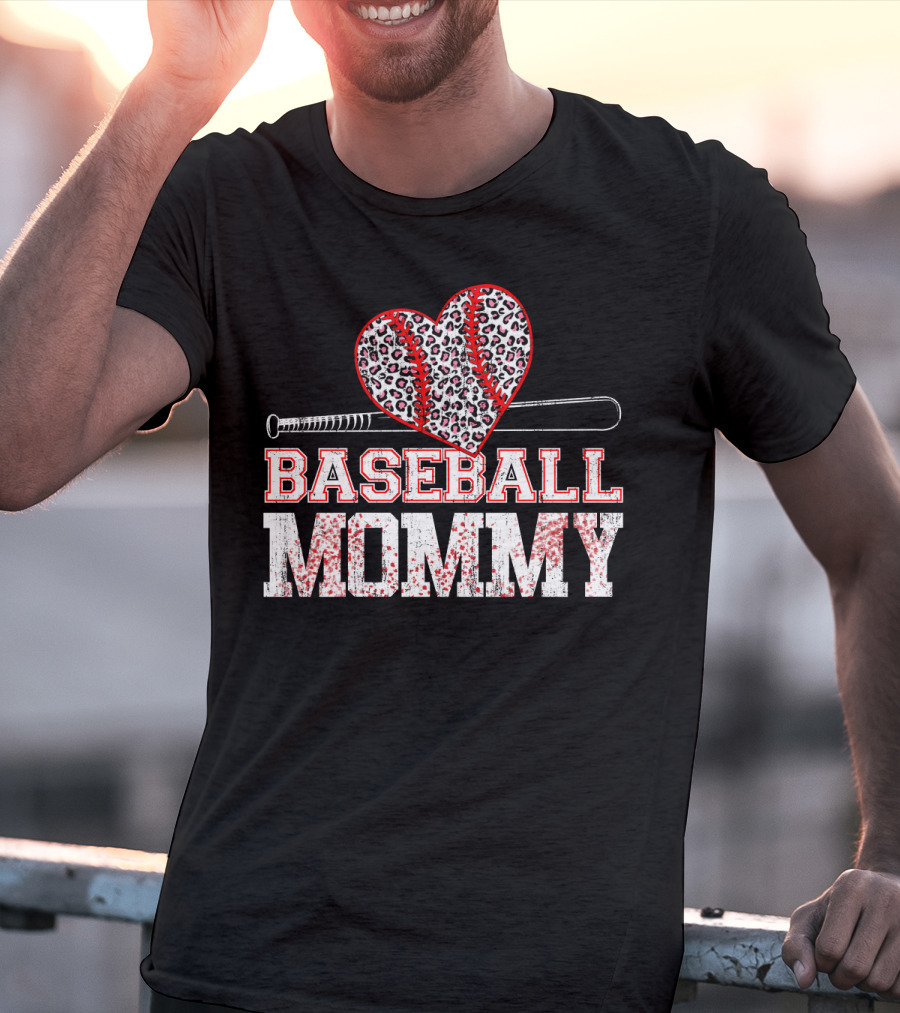Baseball Mommy Leopard Heart With Bat T-Shirt