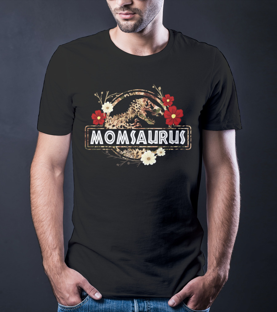 Momsaurus Dinosaur Funny Mom Saurus Flower Design With Vintage Floral Elements T-Shirt