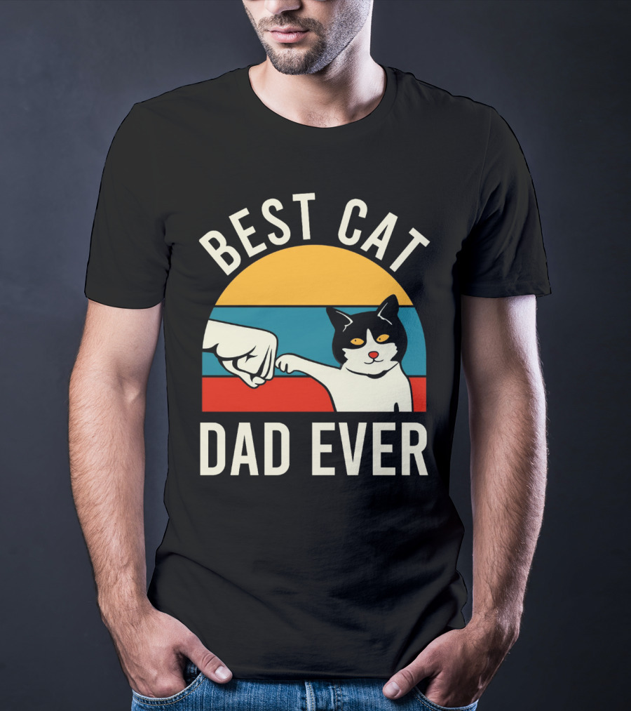 Best Cat Dad Ever Vintage Retro Cat Fist Bump Sunburst T-Shirt