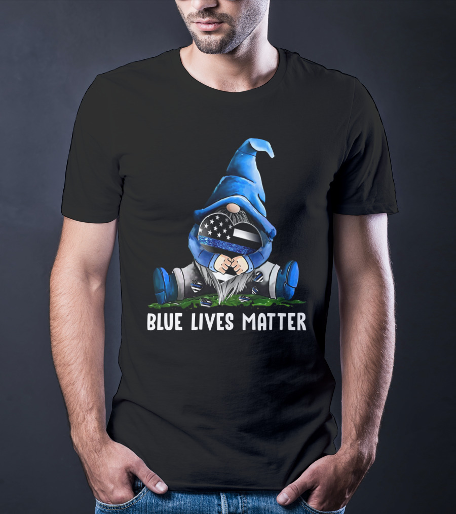 Blue Lives Matter Gnome Holding Thin Blue Line Flag T-Shirt