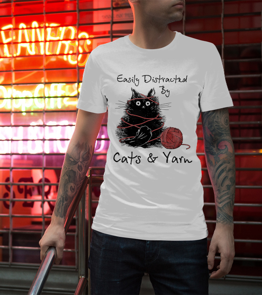 Easily Distracted By Cats And Yarn With Playful Cat Wrapped In Red Yarn T-Shirt