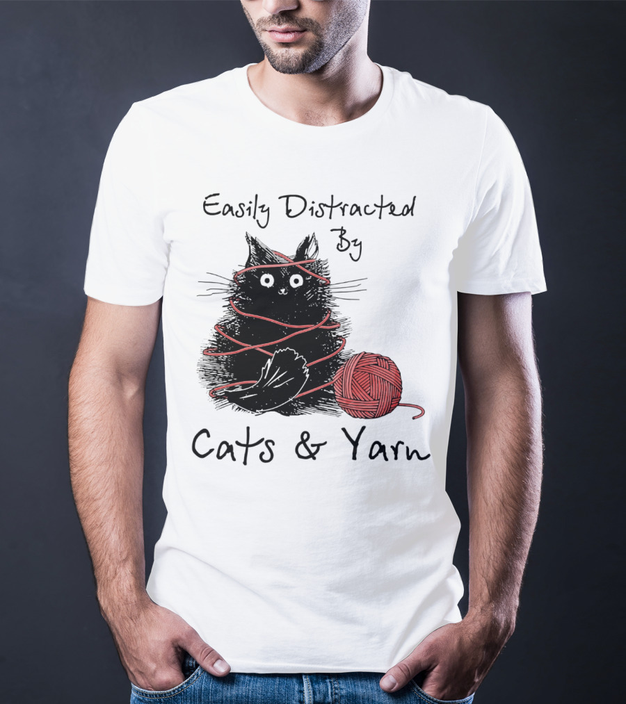 Easily Distracted By Cats And Yarn With Playful Cat Wrapped In Red Yarn T-Shirt