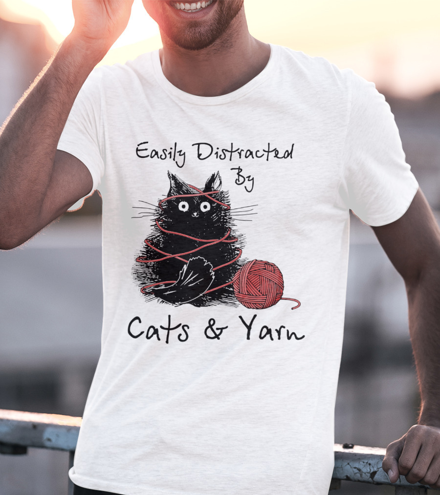 Easily Distracted By Cats And Yarn With Playful Cat Wrapped In Red Yarn T-Shirt