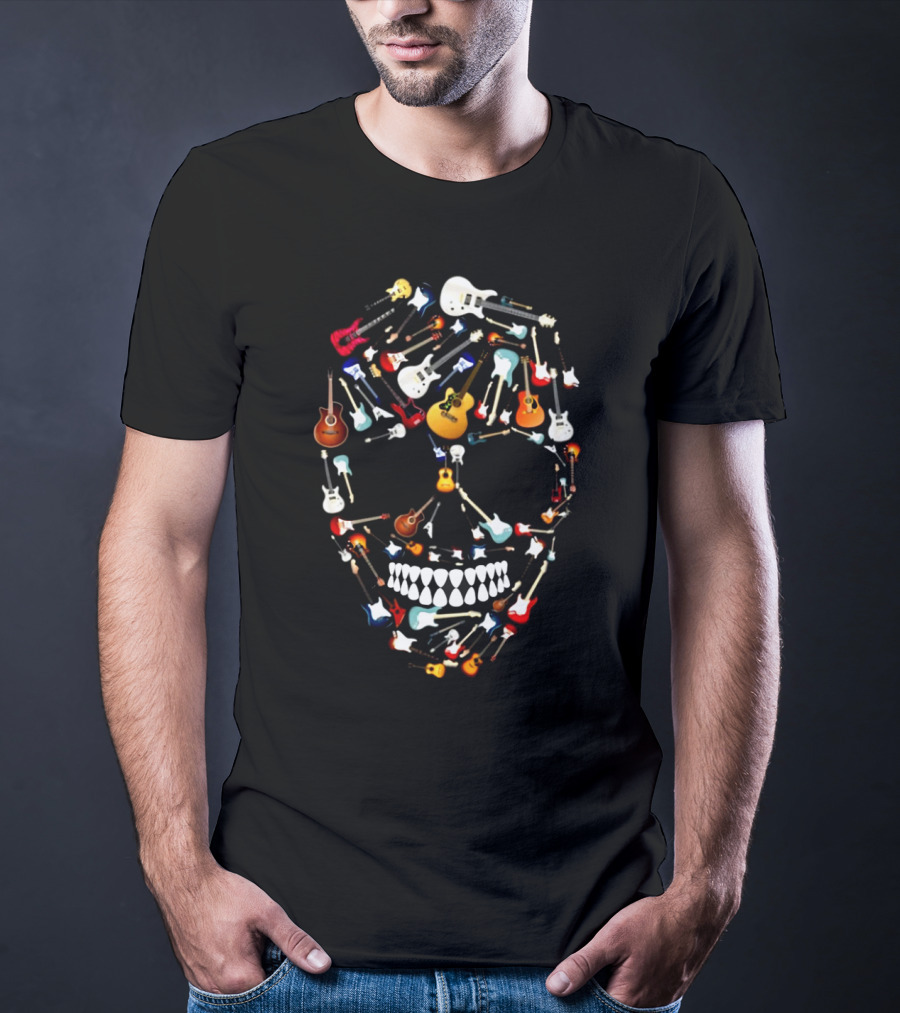 Guitar Skull Design Featuring Colorful Electric And Acoustic Instruments T-Shirt