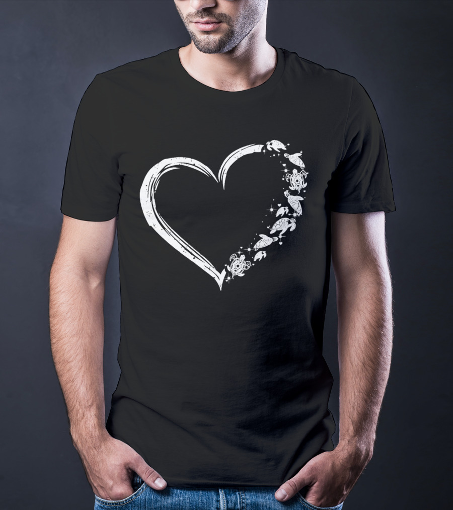 Turtle Heart Sketch Heart Shape With Sea Turtles And Stars T-Shirt