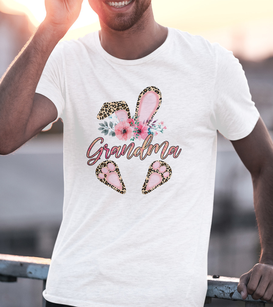 Grandma Leopard Floral Bunny Ears And Paw Prints T-Shirt