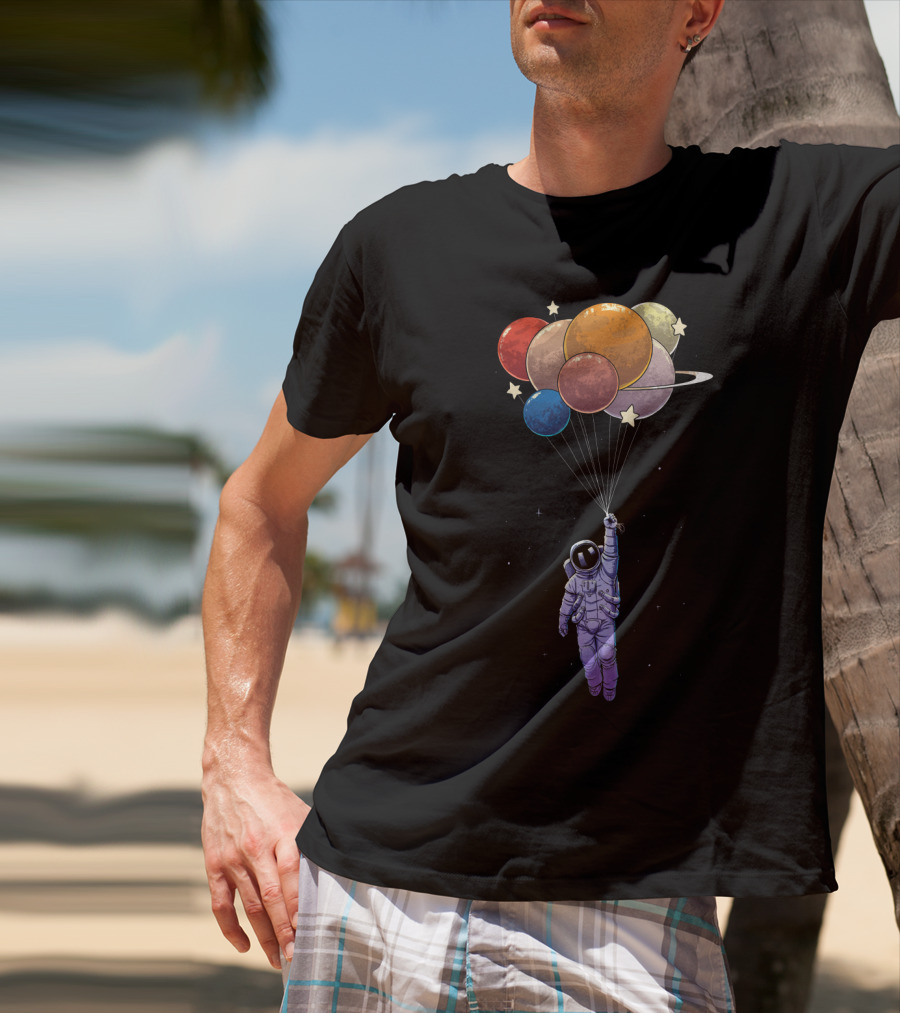 Amstrong Astronaut With Planet Balloons Floating In Space T-Shirt