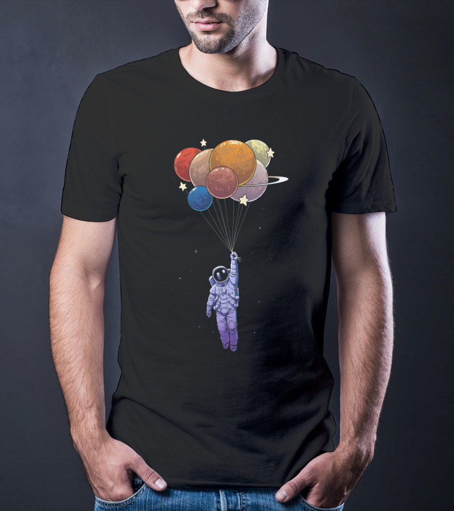 Amstrong Astronaut With Planet Balloons Floating In Space T-Shirt