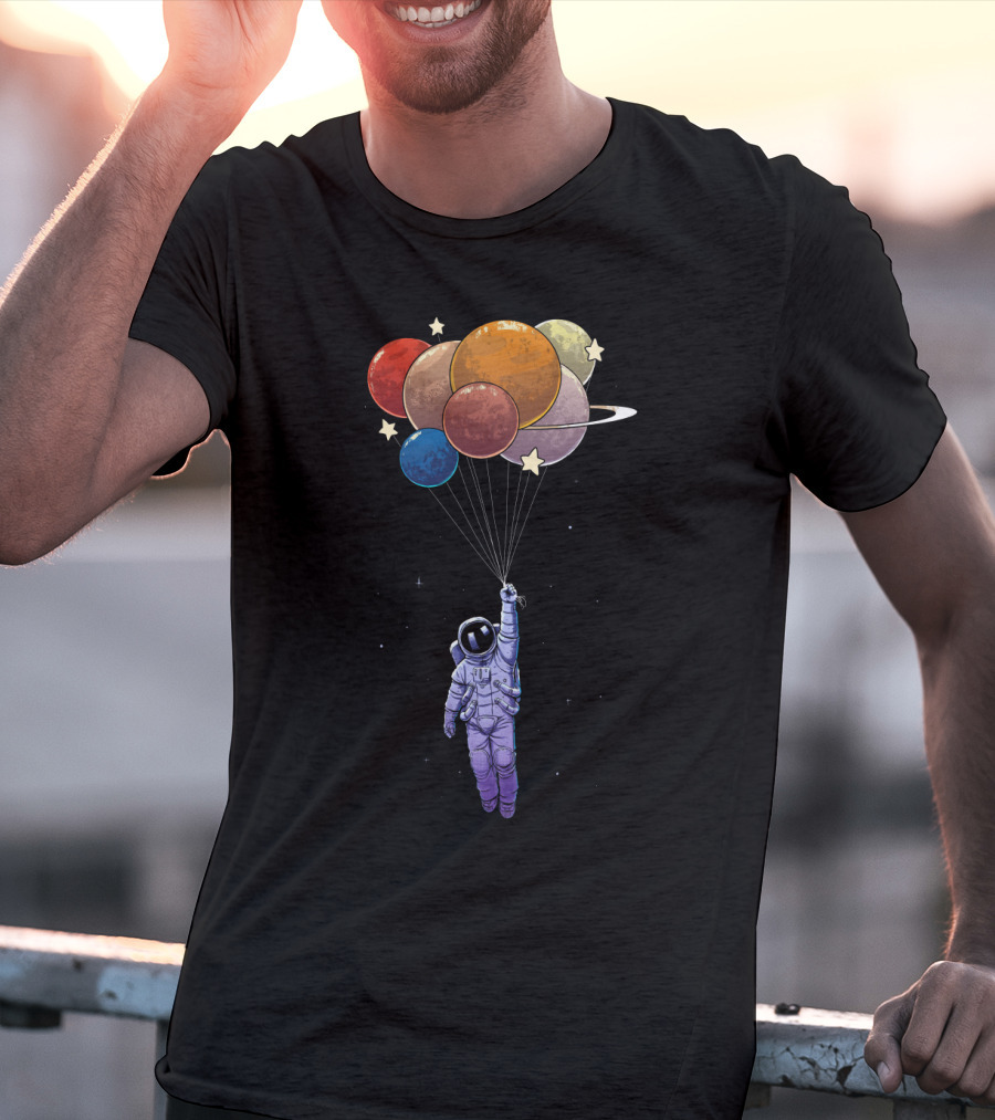 Amstrong Astronaut With Planet Balloons Floating In Space T-Shirt