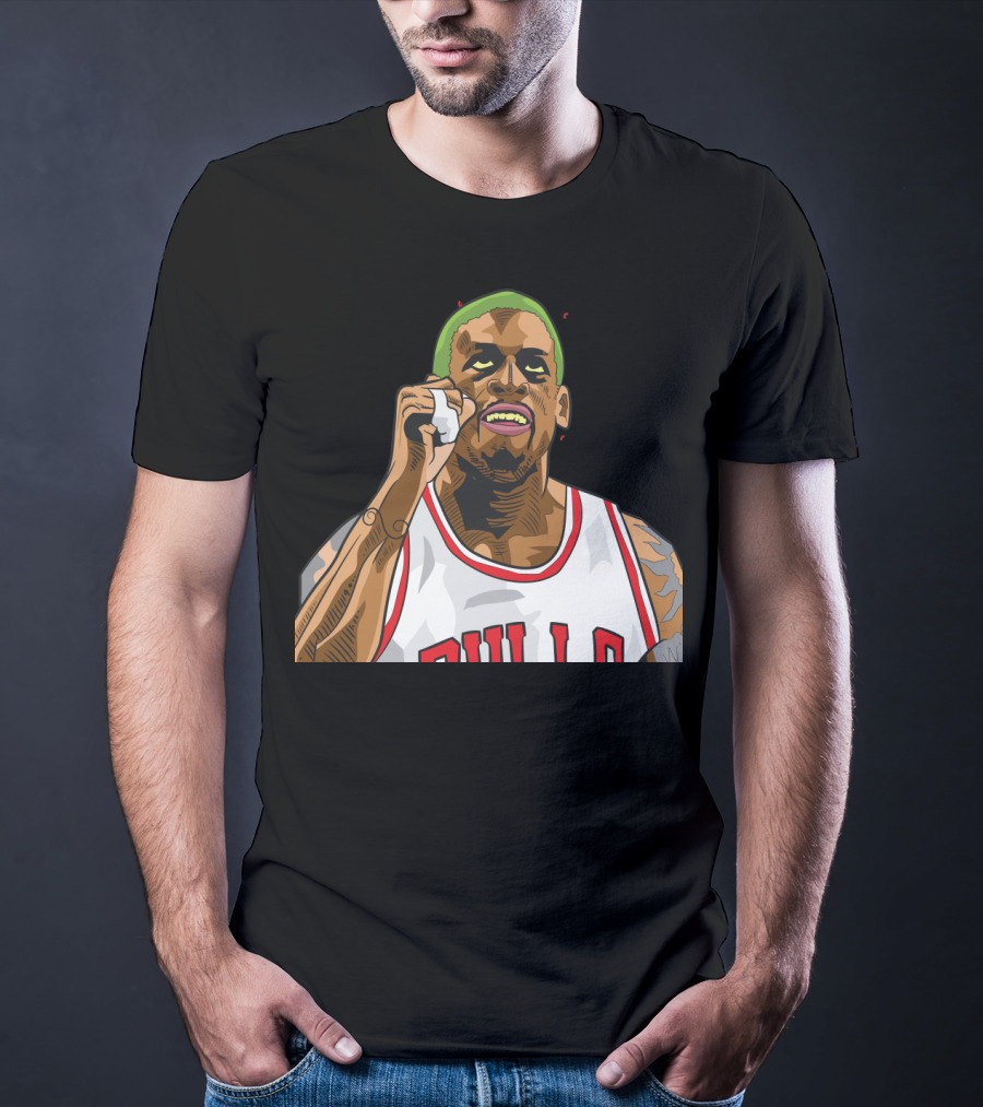 Mitchell And Ness Dennis Rodman Bulls Iconic Green Hair Basketball Legend T-Shirt
