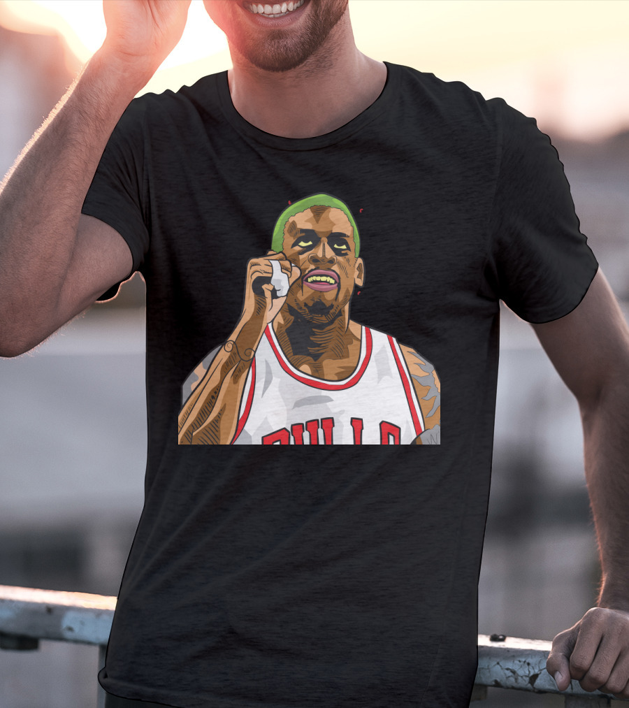 Mitchell And Ness Dennis Rodman Bulls Iconic Green Hair Basketball Legend T-Shirt