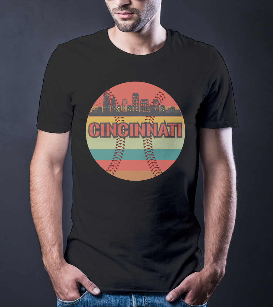 Cincinnati Skyline Vintage Baseball Cityscape Retro Stripes T-Shirt