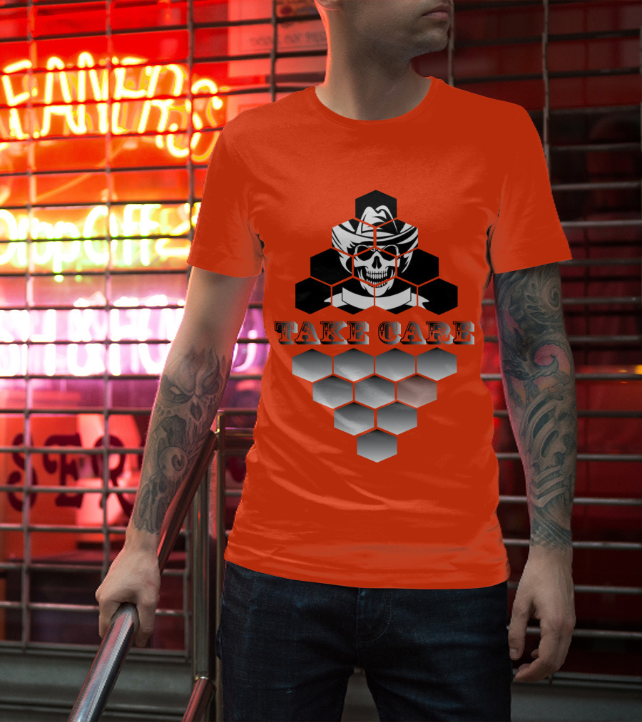 Take Care Hexagonal Cowboy Skull T-Shirt