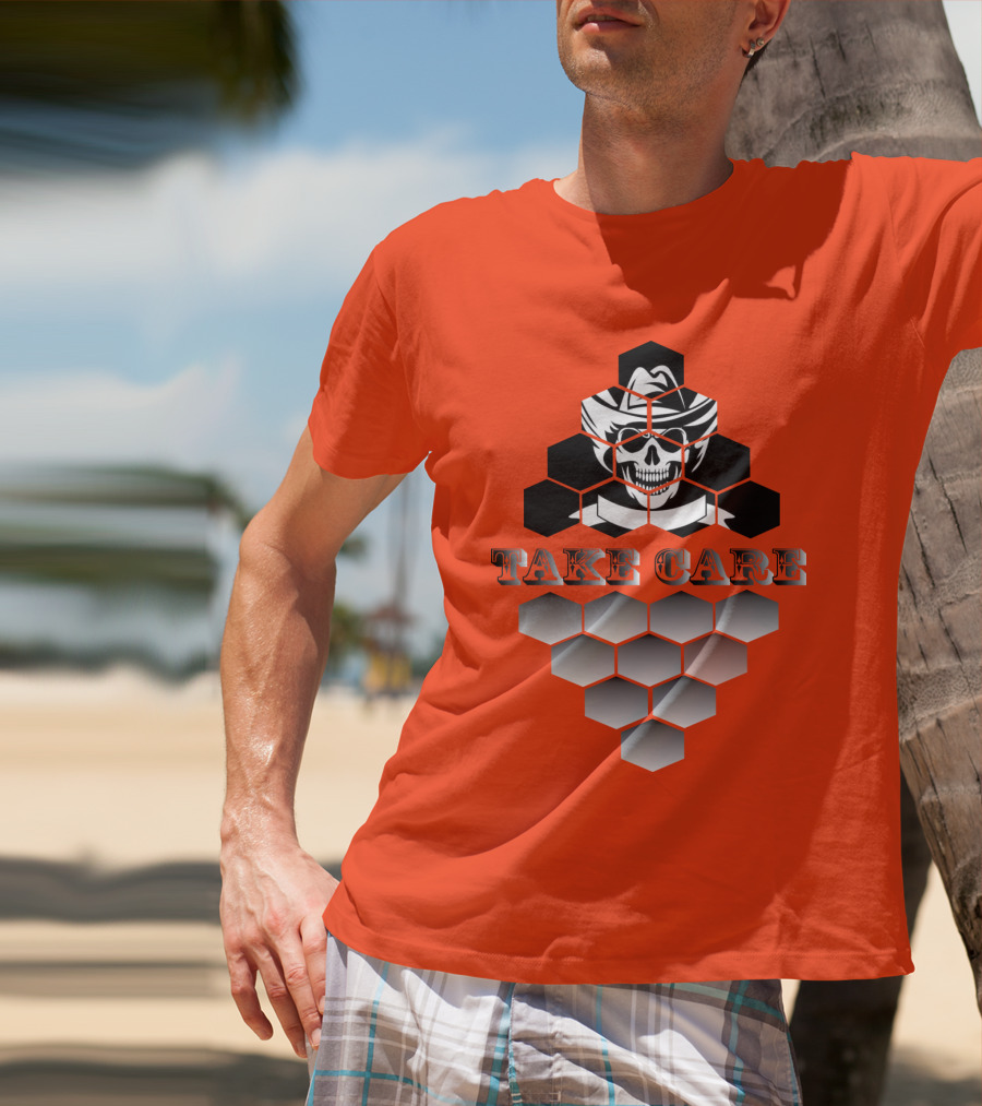 Take Care Hexagonal Cowboy Skull T-Shirt