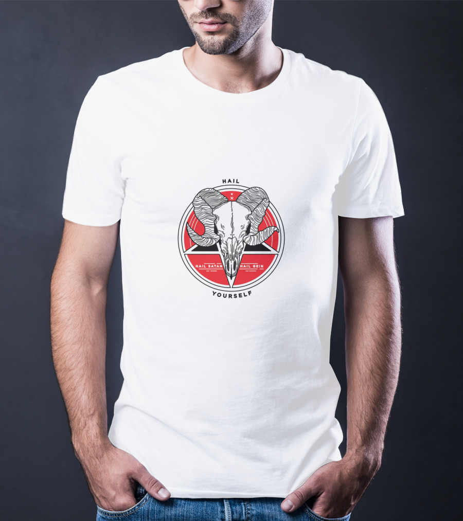 Hail Yourself Last Podcast Hail Satan Hail Gein Ram Skull Red Pentagram T-Shirt