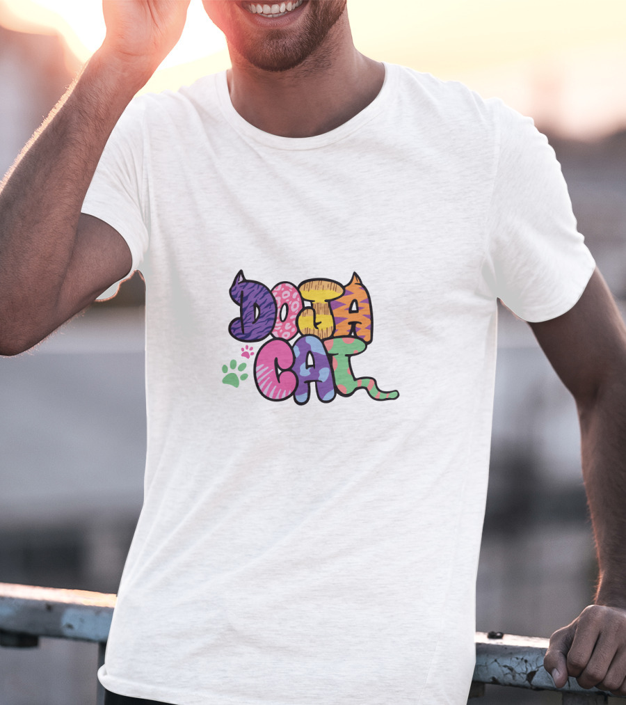 Doja Cat Colorful Patterned Text With Cat Ears And Paw Prints T-Shirt