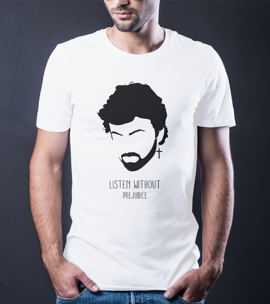 Listen Without Prejudice Graphic With Cross Earring T-Shirt
