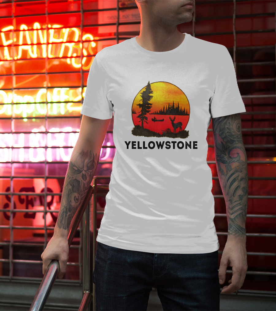 Yellowstone Sunset Scene With Canoe And Deer T-Shirt
