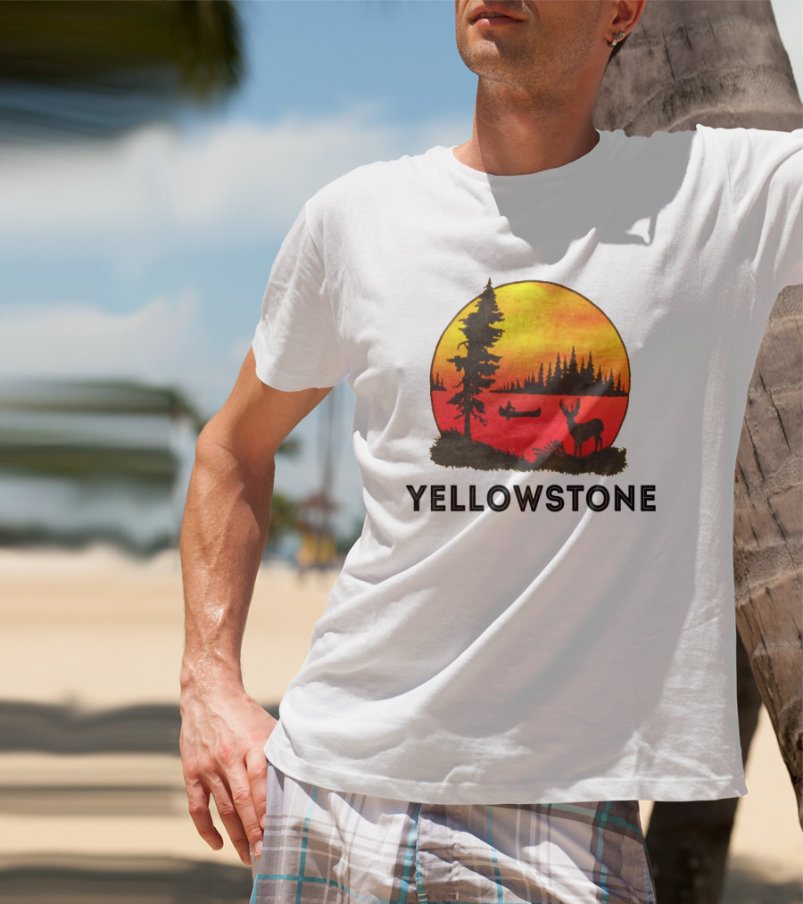 Yellowstone Sunset Scene With Canoe And Deer T-Shirt