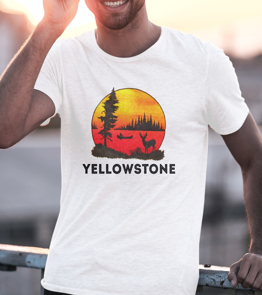 Yellowstone Sunset Scene With Canoe And Deer T-Shirt