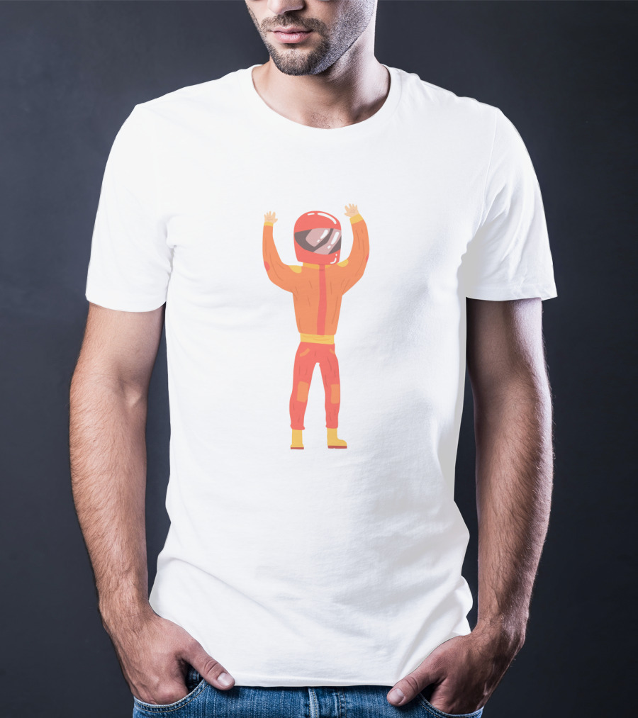 Man In An Orange Racing Suit With Helmet And Raised Arms T-Shirt