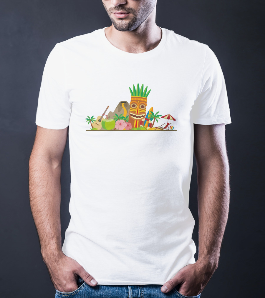 Hawaiian Tiki Mask Surfboards And Ukulele Tropics T-Shirt