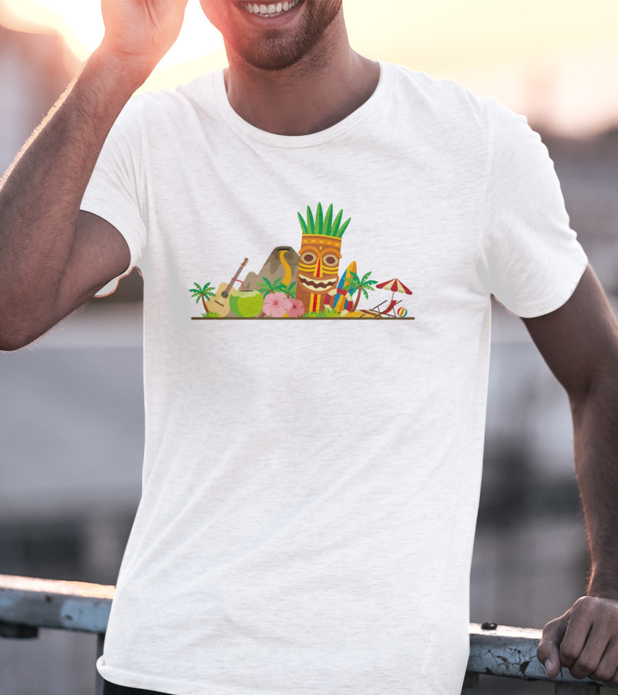 Hawaiian Tiki Mask Surfboards And Ukulele Tropics T-Shirt