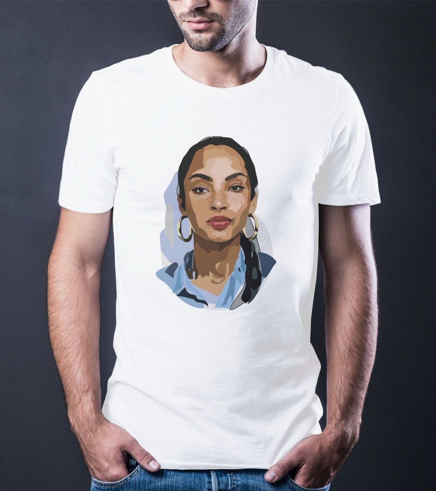 Sade Adu Portrait With Blue Shirt And Hoop Earrings T-Shirt