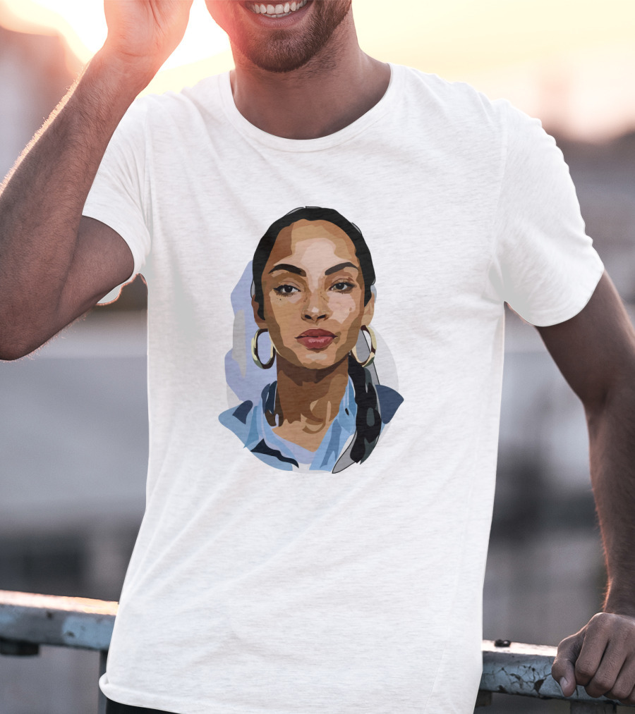 Sade Adu Portrait With Blue Shirt And Hoop Earrings T-Shirt
