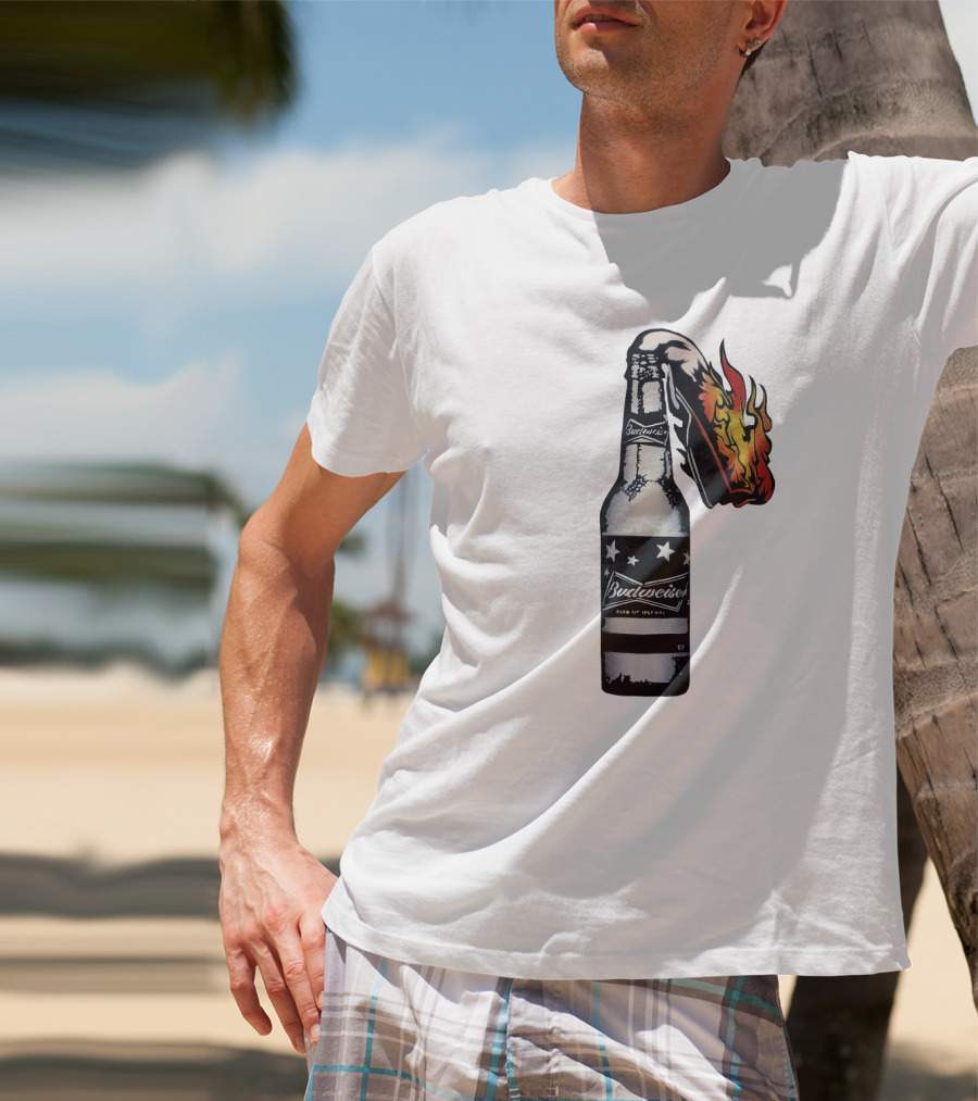 Budweiser Bottle With Stars And Flame Burst T-Shirt